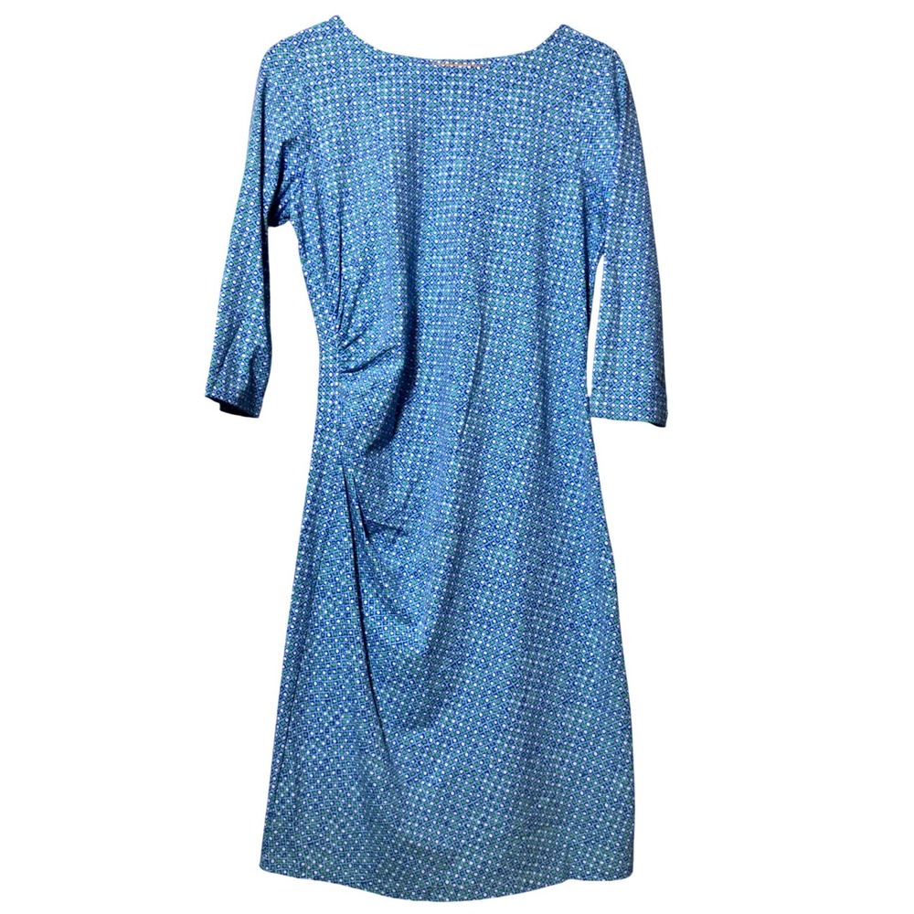 J.McLaughlin Blue Green‎ Geometric Ruched Sheath Dress Womens Size M 3/4 Sleeve
